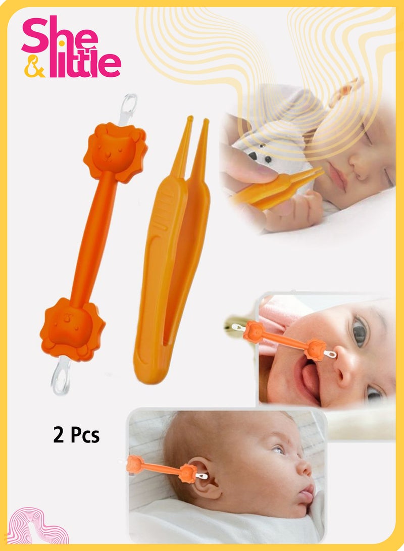 شي آند ليتل العربية: طقم 2 أدوات تنظيف أنف وأذن للرضع، ملقط ومشبك على شكل أسد، آمن ولطيف لإزالة المخاط وشمع الأذن للمواليد (برتقالي) - Image 1