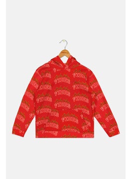 Kids Boy Hooded Allover Print Long Sleeves Sweatshirt, Red Combo