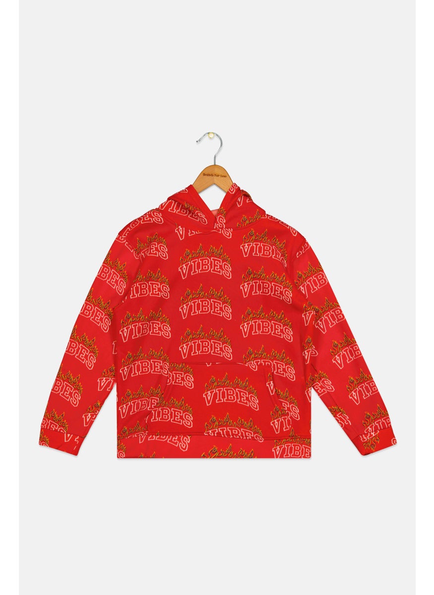 brooklyn - Kids Boy Hooded Allover Print Long Sleeves Sweatshirt, Red Combo - Image 1