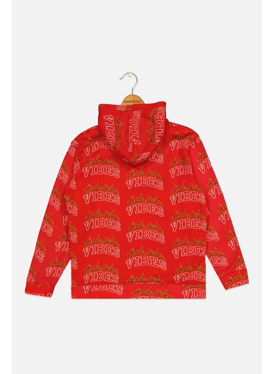 brooklyn - Kids Boy Hooded Allover Print Long Sleeves Sweatshirt, Red Combo - Image 1