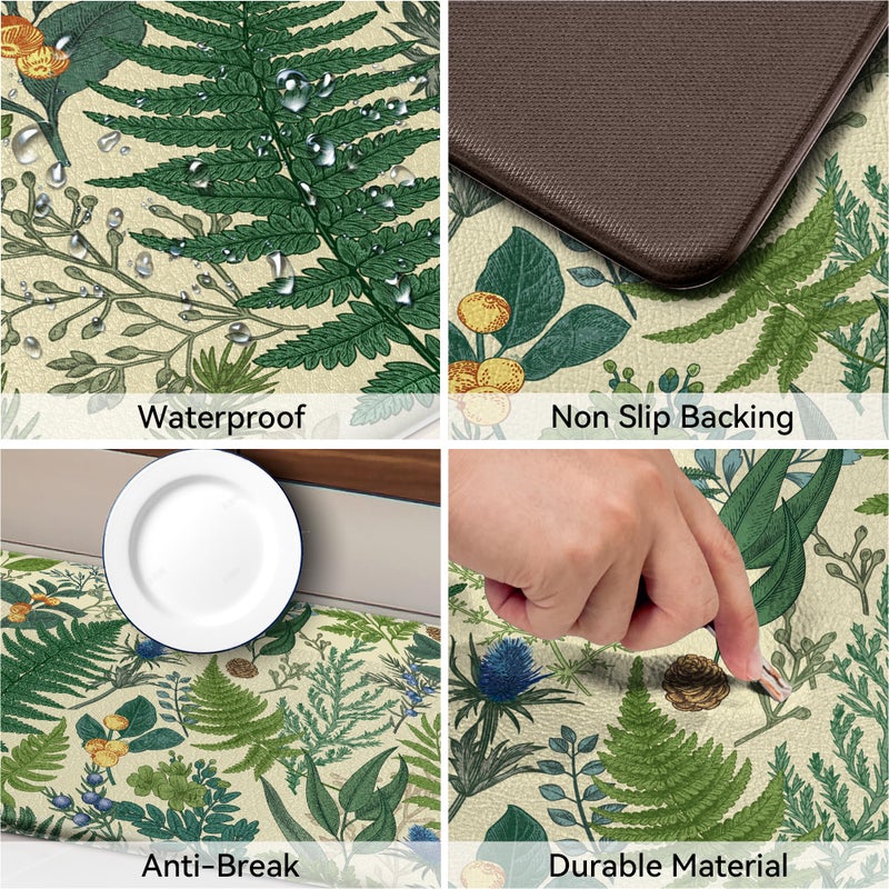 keensoft Beige Green Botanical Kitchen Rugs Set of 2 Plant Leaf Anti-Fatigue Kitchen Mat Natural Comfort Standing Waterproof PVC Mats 2/5" Thick Leather Carpet for Laundry Office Sink(17.3" x28" + 17.3" x 47") - Image 4