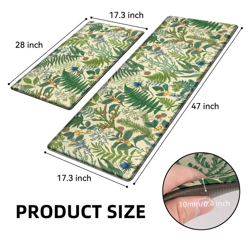 keensoft Beige Green Botanical Kitchen Rugs Set of 2 Plant Leaf Anti-Fatigue Kitchen Mat Natural Comfort Standing Waterproof PVC Mats 2/5" Thick Leather Carpet for Laundry Office Sink(17.3" x28" + 17.3" x 47") - Image 2