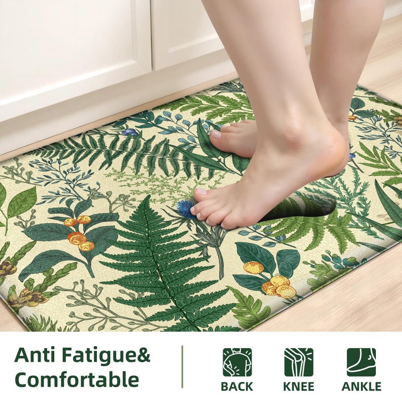 keensoft Beige Green Botanical Kitchen Rugs Set of 2 Plant Leaf Anti-Fatigue Kitchen Mat Natural Comfort Standing Waterproof PVC Mats 2/5" Thick Leather Carpet for Laundry Office Sink(17.3" x28" + 17.3" x 47") - Image 5