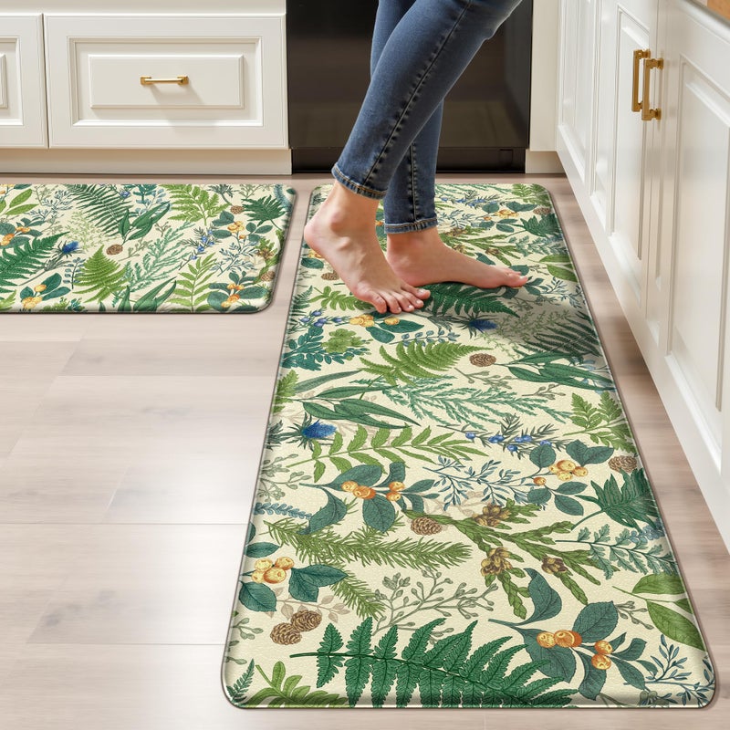 keensoft Beige Green Botanical Kitchen Rugs Set of 2 Plant Leaf Anti-Fatigue Kitchen Mat Natural Comfort Standing Waterproof PVC Mats 2/5" Thick Leather Carpet for Laundry Office Sink(17.3" x28" + 17.3" x 47") - Image 1