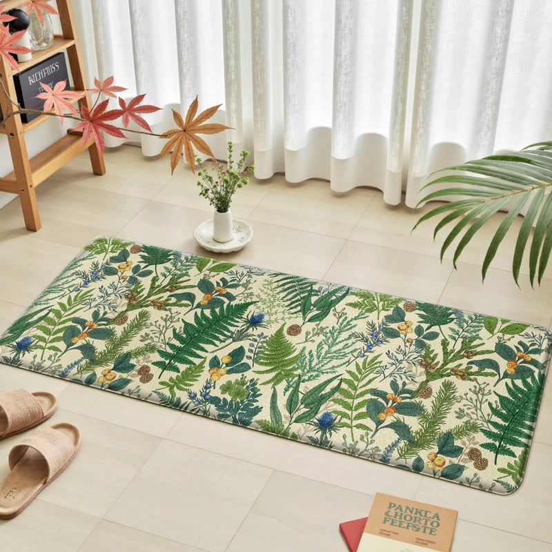 keensoft Beige Green Botanical Kitchen Rugs Set of 2 Plant Leaf Anti-Fatigue Kitchen Mat Natural Comfort Standing Waterproof PVC Mats 2/5" Thick Leather Carpet for Laundry Office Sink(17.3" x28" + 17.3" x 47") - Image 3