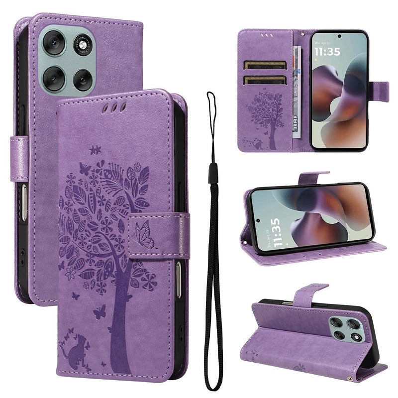 erorex For Motorola Moto G56 5G Tree & Cat Embossed Pattern Flip Leather Phone Case(Light Purple) - Image 1