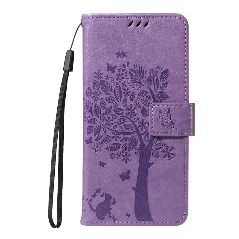 erorex For Motorola Moto G56 5G Tree & Cat Embossed Pattern Flip Leather Phone Case(Light Purple) - Image 2
