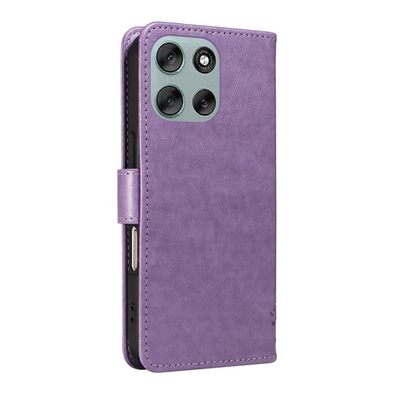 erorex For Motorola Moto G56 5G Tree & Cat Embossed Pattern Flip Leather Phone Case(Light Purple) - Image 3