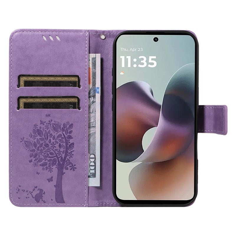 erorex For Motorola Moto G56 5G Tree & Cat Embossed Pattern Flip Leather Phone Case(Light Purple) - Image 4