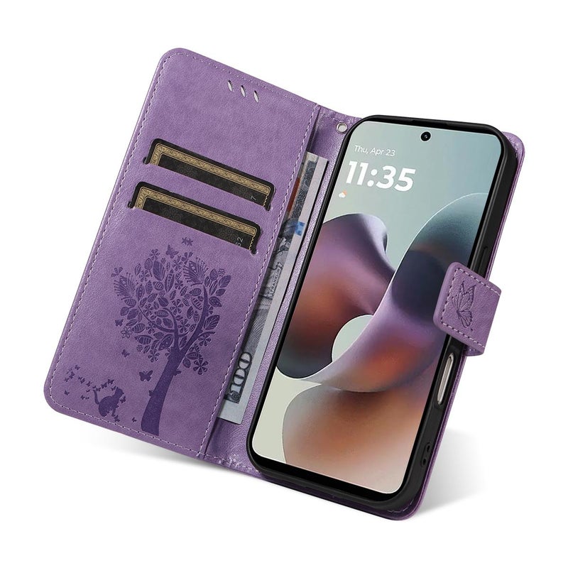 erorex For Motorola Moto G56 5G Tree & Cat Embossed Pattern Flip Leather Phone Case(Light Purple) - Image 5