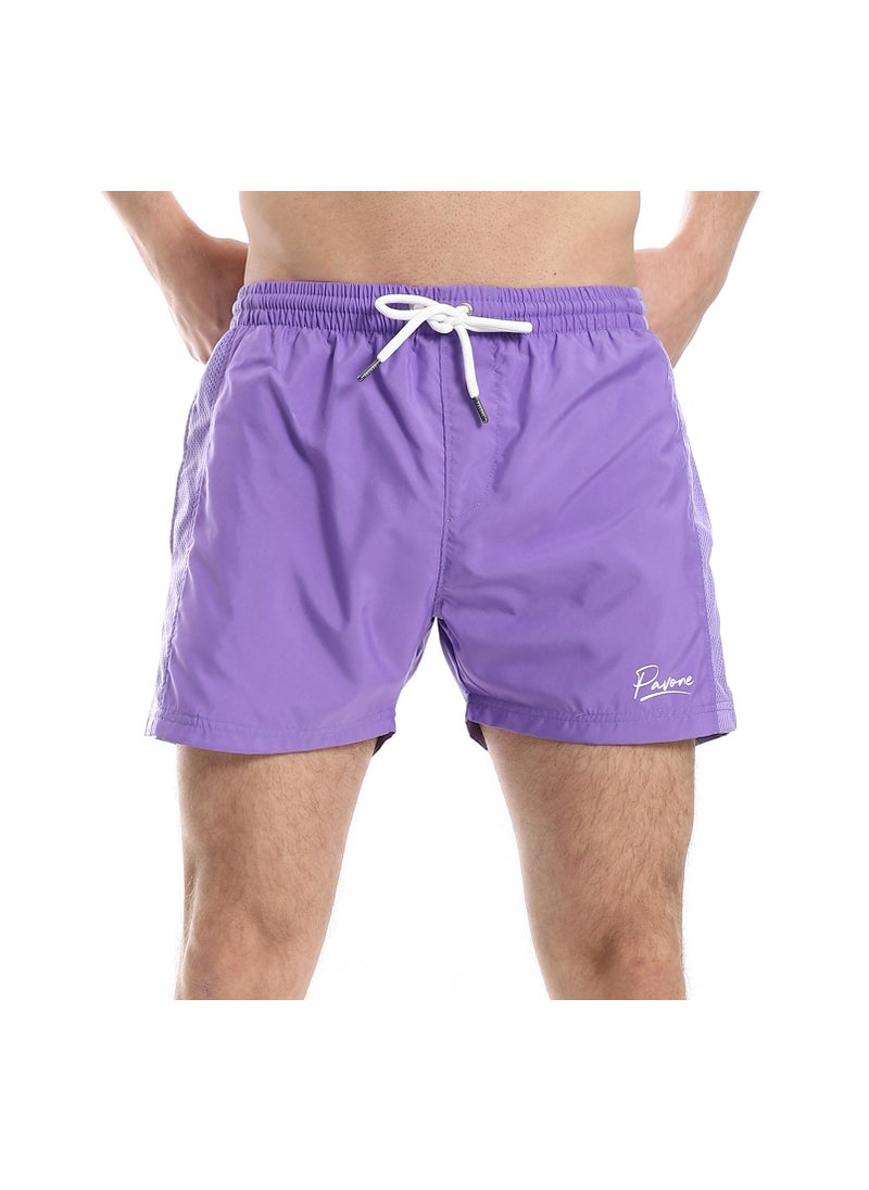Pavone - Elastic Waist Slash Pockets Plain Swim Shorts - Neon Purple - Image 1