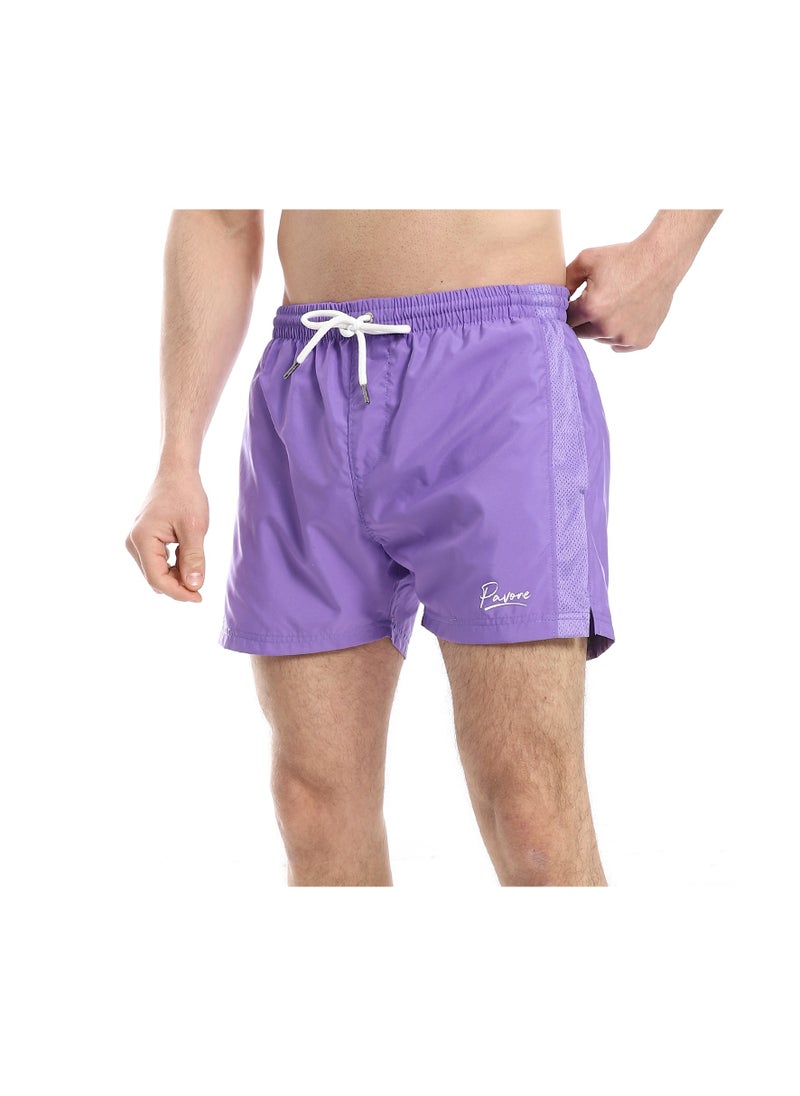 Pavone - Elastic Waist Slash Pockets Plain Swim Shorts - Neon Purple - Image 1