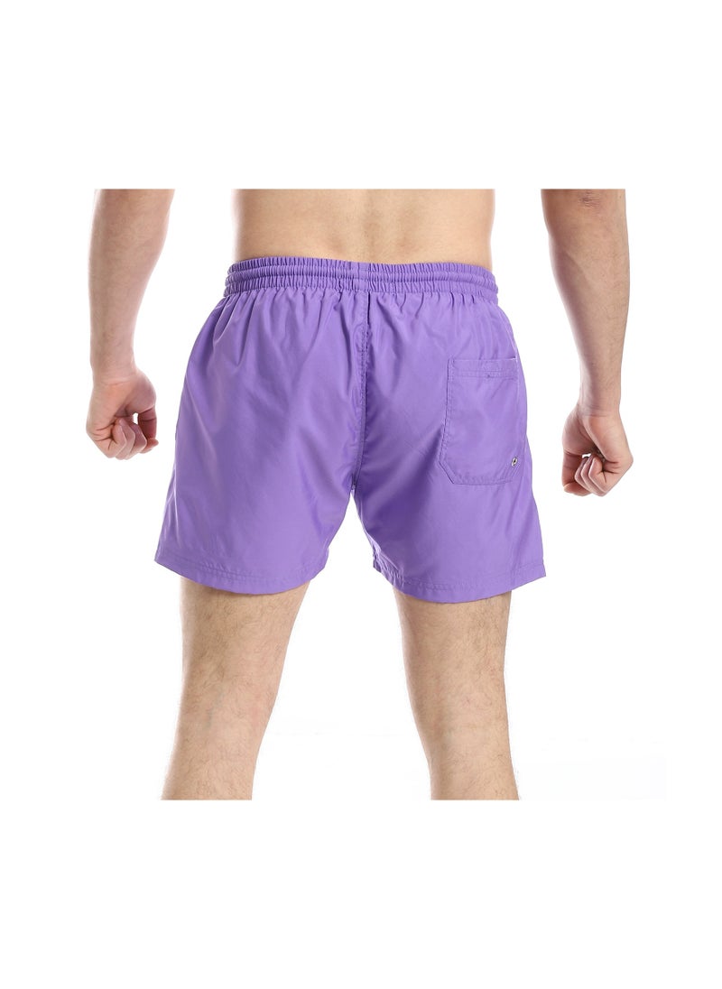 Pavone - Elastic Waist Slash Pockets Plain Swim Shorts - Neon Purple - Image 1