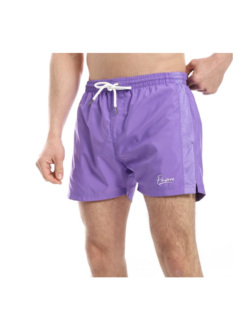 Pavone - Elastic Waist Slash Pockets Plain Swim Shorts - Neon Purple - Image 1