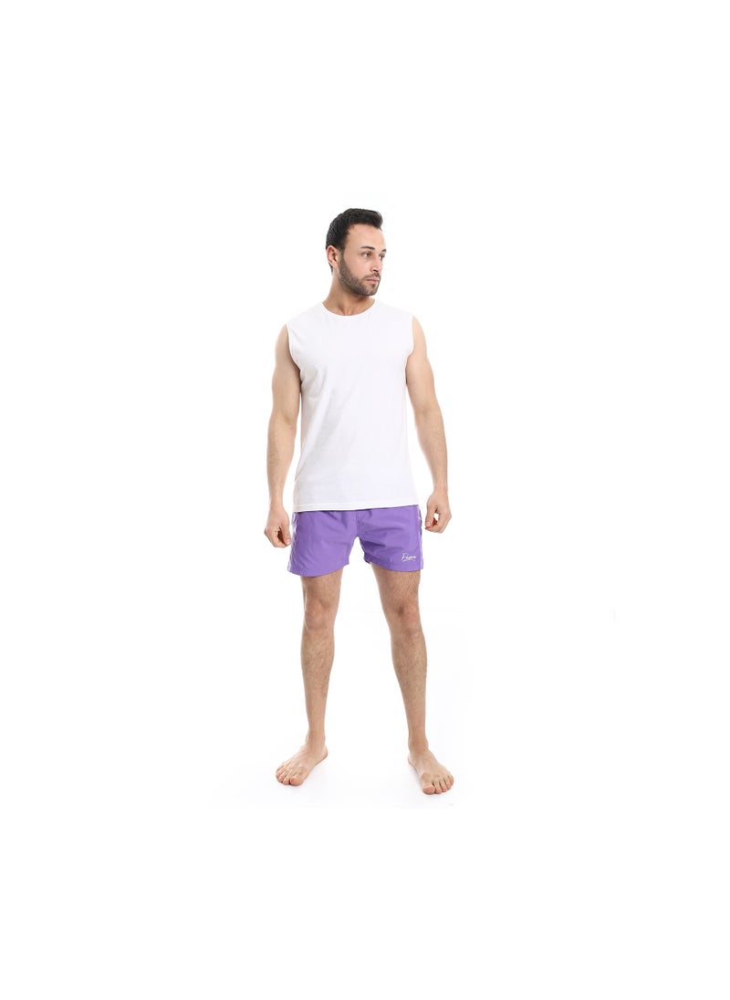 Pavone - Elastic Waist Slash Pockets Plain Swim Shorts - Neon Purple - Image 1