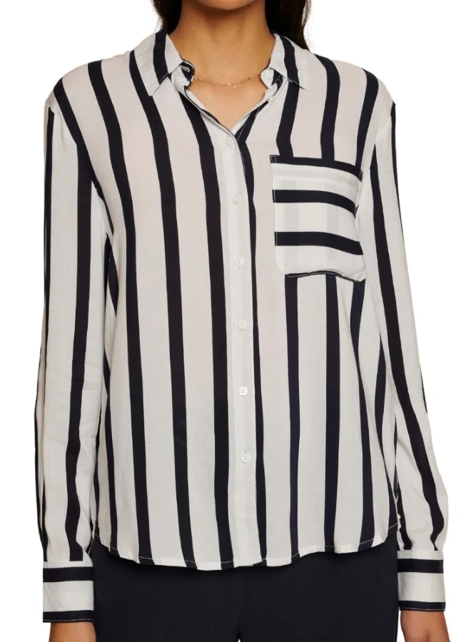 ZABAIONE Striped Button-Down Long Sleeve Shirt - Black and White