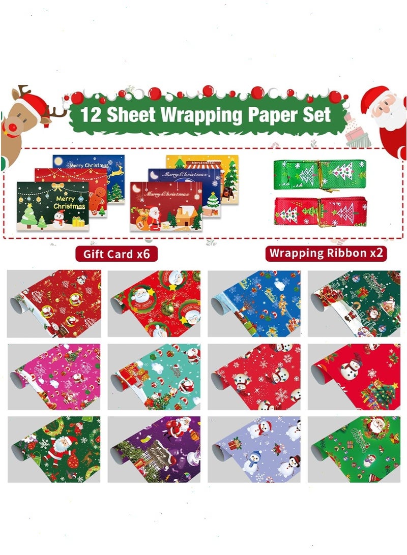 Christmas Wrapping Paper Set, 12 Sheets Christmas Wrapping Paper 20 x 29 inches with 6 Christmas Cards and 2 Spools of Ribbons - Image 3