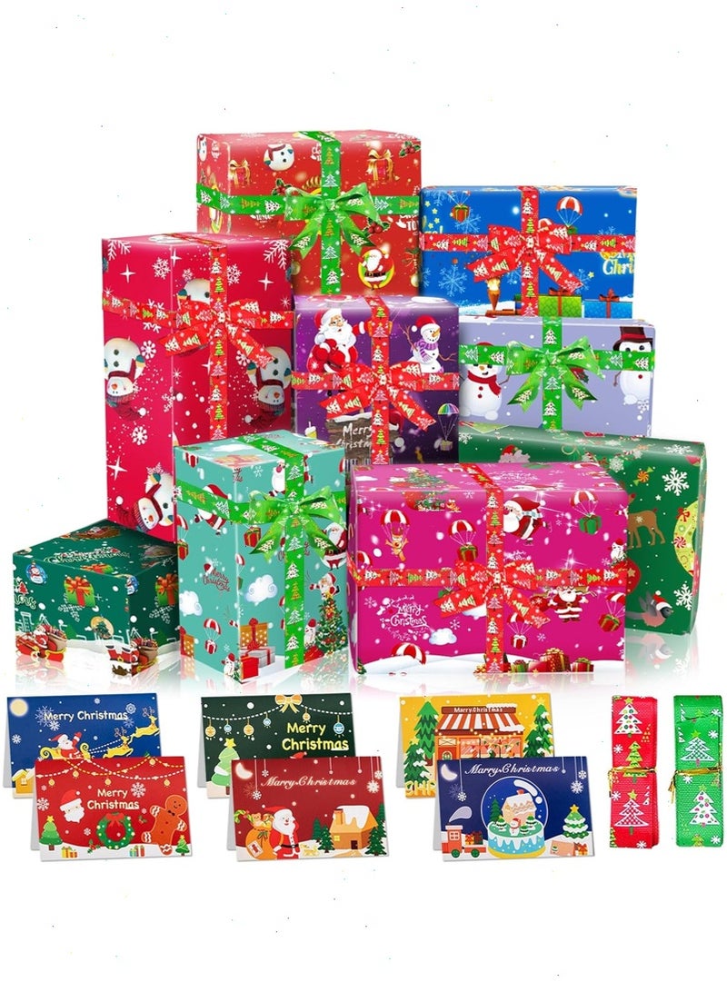 Christmas Wrapping Paper Set, 12 Sheets Christmas Wrapping Paper 20 x 29 inches with 6 Christmas Cards and 2 Spools of Ribbons - Image 4