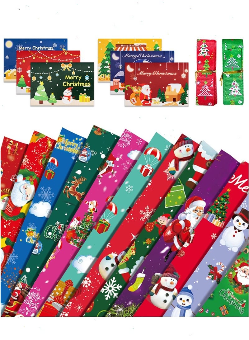 Christmas Wrapping Paper Set, 12 Sheets Christmas Wrapping Paper 20 x 29 inches with 6 Christmas Cards and 2 Spools of Ribbons - Image 1