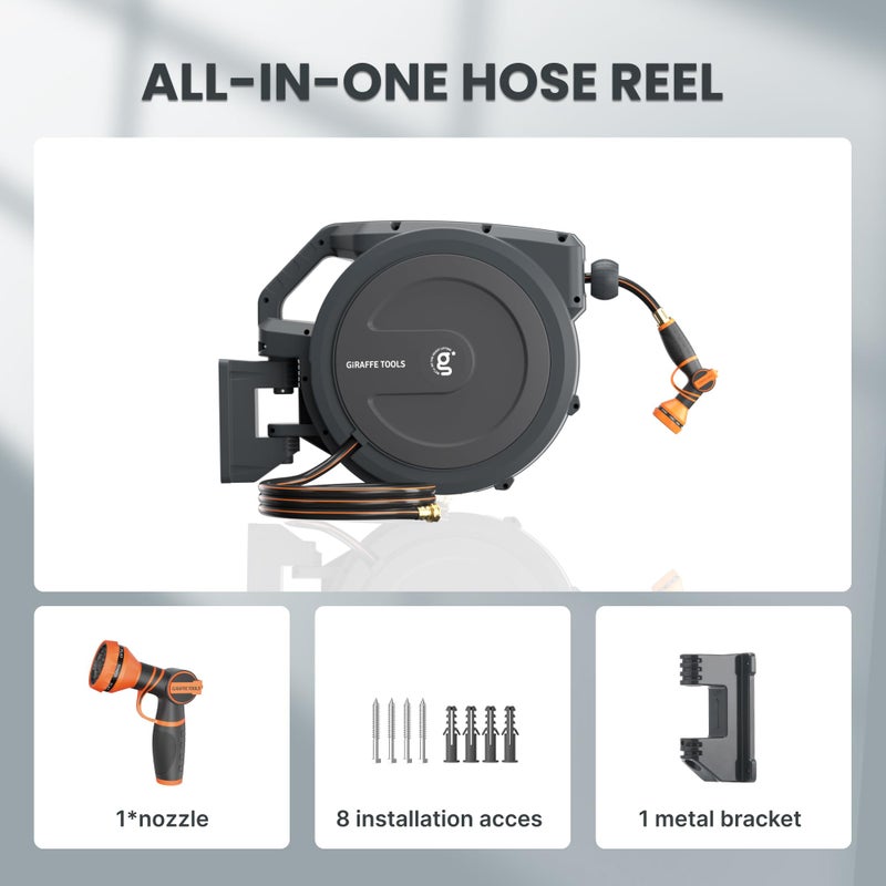 Giraffe Tools PRO Heavy Duty Retractable Garden Hose Reel - 78ft 1/2 Inch Auto Rewind with Any-Length Lock, Wall Mounted Metal Bracket, Commercial Grade for Patio & Lawn (Dark Grey) - Image 2