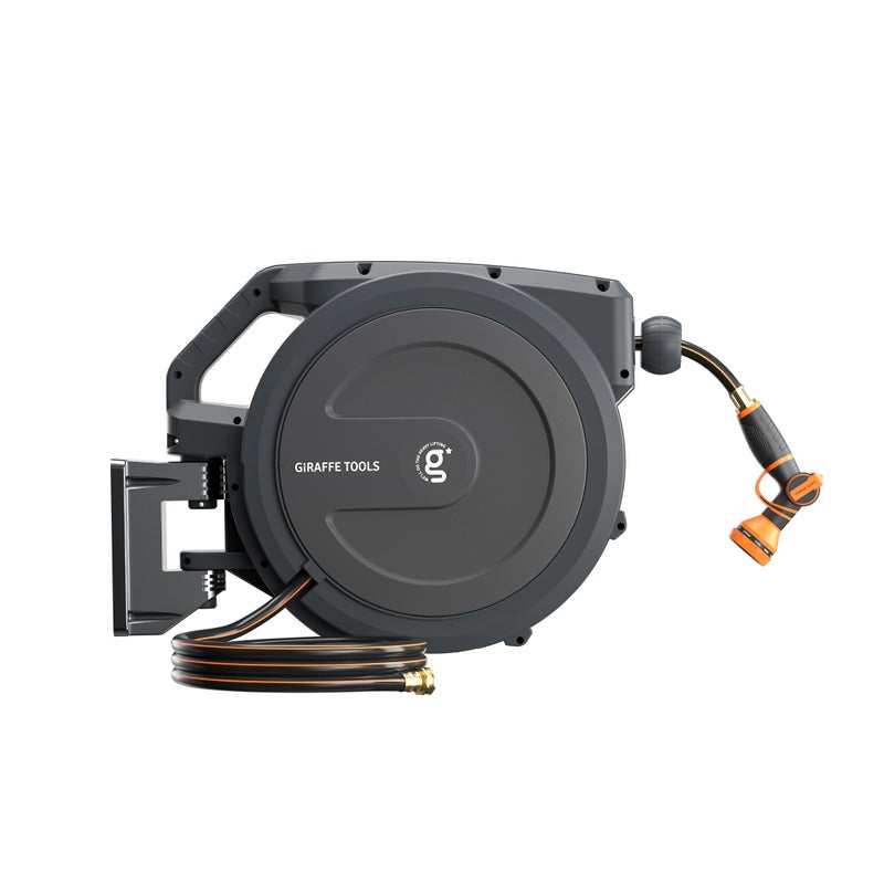 Giraffe Tools PRO Heavy Duty Retractable Garden Hose Reel - 78ft 1/2 Inch Auto Rewind with Any-Length Lock, Wall Mounted Metal Bracket, Commercial Grade for Patio & Lawn (Dark Grey) - Image 1