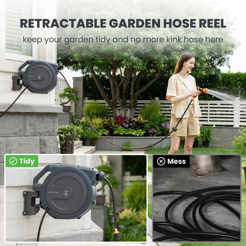 Giraffe Tools PRO Heavy Duty Retractable Garden Hose Reel - 78ft 1/2 Inch Auto Rewind with Any-Length Lock, Wall Mounted Metal Bracket, Commercial Grade for Patio & Lawn (Dark Grey) - Image 3