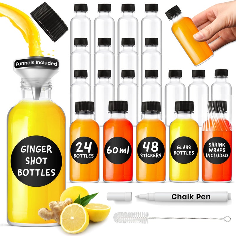 volila زجاجات شوت صغيرة من فوليلا جينجر مجموعة من 24 × 2 أونصة أو 60 مل مع قمع صب و 48 ملصق دائري وقلم طباشير لتسمية الزيوت الأساسية والويسكي والكحول وهدايا الزفاف والديكور عبوة شفافة