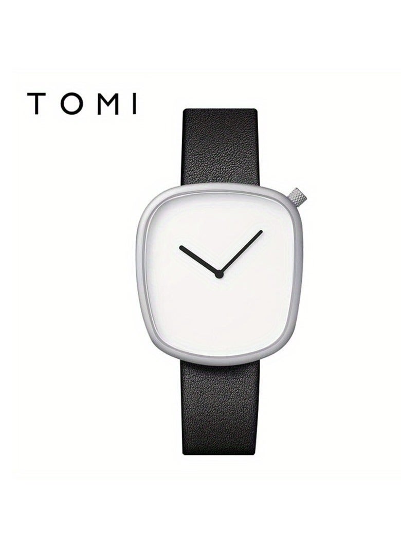 TOMI A Minimalist Square Watch With Pebble-like Design, Featuring No Scale, For Both Men And Women, With A PU Leather Strap - Image 1