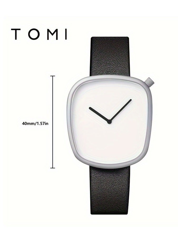 TOMI A Minimalist Square Watch With Pebble-like Design, Featuring No Scale, For Both Men And Women, With A PU Leather Strap - Image 2