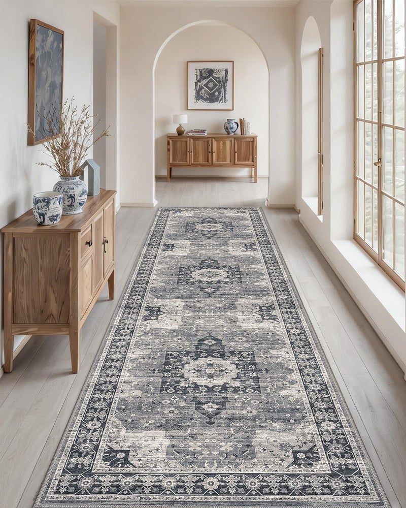 DEXI Hallway Washable Runner Rug 3x7, Vintage Soft Thin Kitchen Runner with Non Slip Backing, Farmhouse Entryway Floor Rug, Stain Resistant Distressed Carpet for Bedroom Living Room, Blue Grey - Image 4