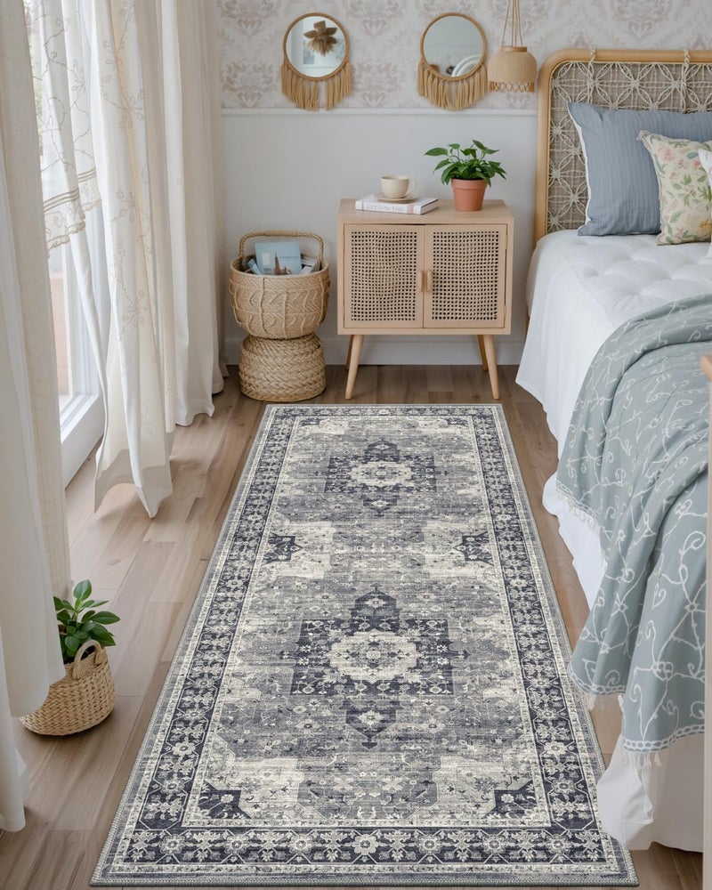 DEXI Hallway Washable Runner Rug 3x7, Vintage Soft Thin Kitchen Runner with Non Slip Backing, Farmhouse Entryway Floor Rug, Stain Resistant Distressed Carpet for Bedroom Living Room, Blue Grey - Image 5