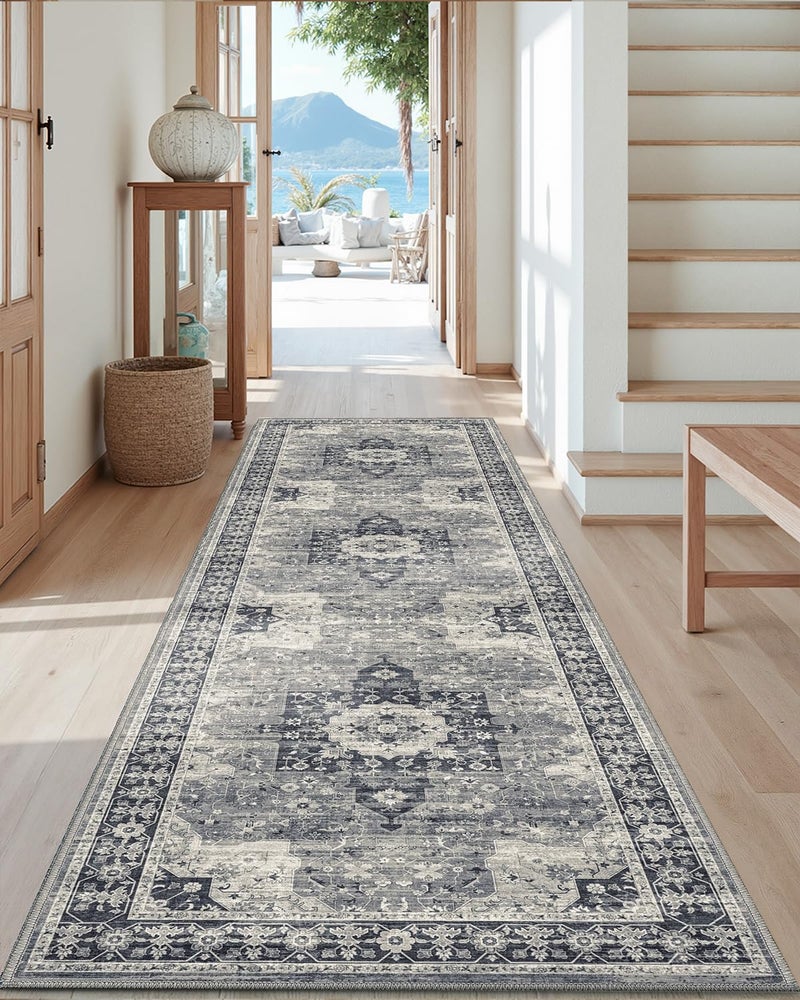 DEXI Hallway Washable Runner Rug 3x7, Vintage Soft Thin Kitchen Runner with Non Slip Backing, Farmhouse Entryway Floor Rug, Stain Resistant Distressed Carpet for Bedroom Living Room, Blue Grey - Image 1
