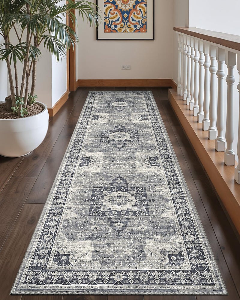 DEXI Hallway Washable Runner Rug 3x7, Vintage Soft Thin Kitchen Runner with Non Slip Backing, Farmhouse Entryway Floor Rug, Stain Resistant Distressed Carpet for Bedroom Living Room, Blue Grey - Image 3