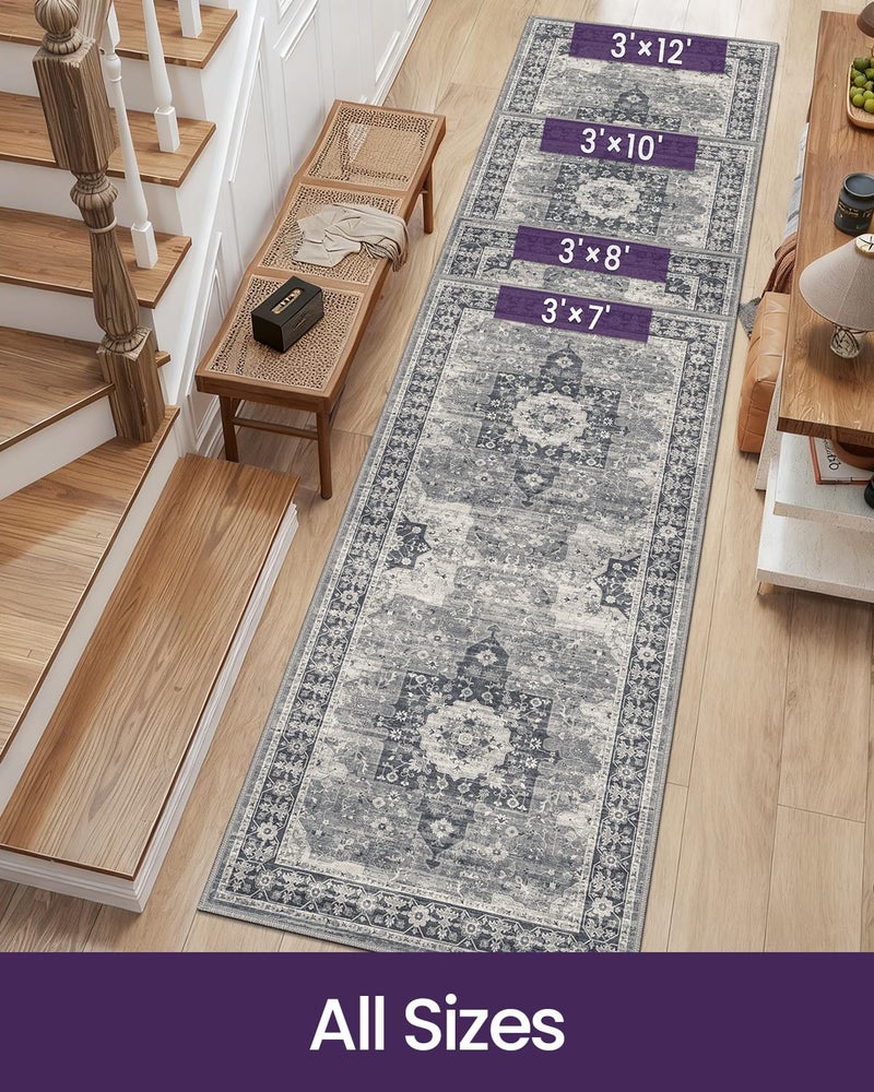 DEXI Hallway Washable Runner Rug 3x7, Vintage Soft Thin Kitchen Runner with Non Slip Backing, Farmhouse Entryway Floor Rug, Stain Resistant Distressed Carpet for Bedroom Living Room, Blue Grey - Image 2