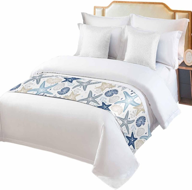 Homechoid Blue Khaki Coral Bed Runner for King Size Bed, Bedspread Protector Slipcover Bed Scarf for Foot Bed Runners u0026 Scarves for Bedroom Hotel 102x20 Spring Summer Coastal Starfish Beach Nautical Conch - Image 2
