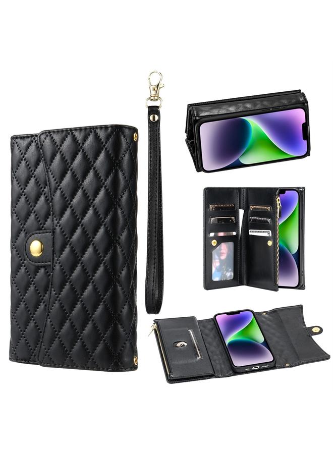 اس-توب جراب هاتف iPhone 14 بسحاب ومحفظة متعددة البطاقات من الجلد على شكل معين - Image 1