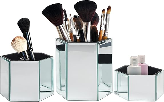 Kurtzy Kurtzy Set of 3 Mirrored Hexagon Makeup Cosmetic Brush Holder Small Medium Large Silver Pots Home Bathroom Vanity Unit Storage Organiser Practical Modern Pen Pencil Desk Tidy - Image 1