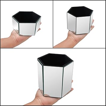 Kurtzy Kurtzy Set of 3 Mirrored Hexagon Makeup Cosmetic Brush Holder Small Medium Large Silver Pots Home Bathroom Vanity Unit Storage Organiser Practical Modern Pen Pencil Desk Tidy - Image 3