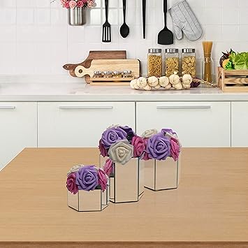 Kurtzy Kurtzy Set of 3 Mirrored Hexagon Makeup Cosmetic Brush Holder Small Medium Large Silver Pots Home Bathroom Vanity Unit Storage Organiser Practical Modern Pen Pencil Desk Tidy - Image 5