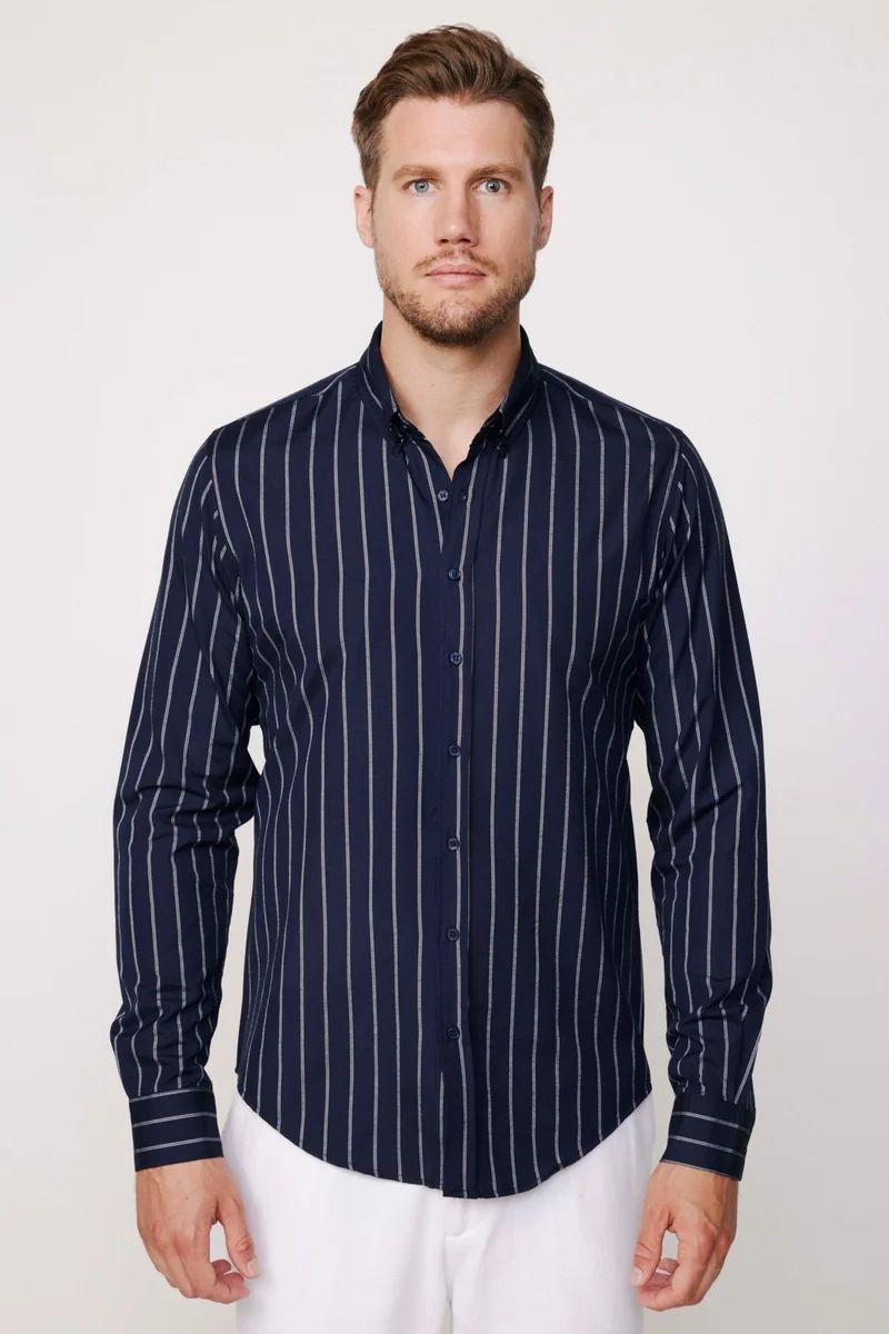 تودورس Slim Fit Cotton Easy-Iron Striped Navy Blue Men's Shirt