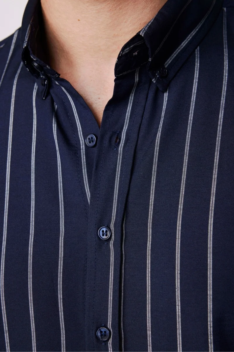 تودورس Slim Fit Cotton Easy-Iron Striped Navy Blue Men's Shirt