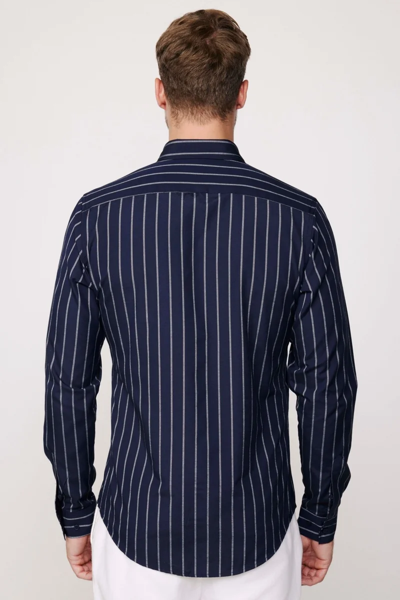تودورس Slim Fit Cotton Easy-Iron Striped Navy Blue Men's Shirt