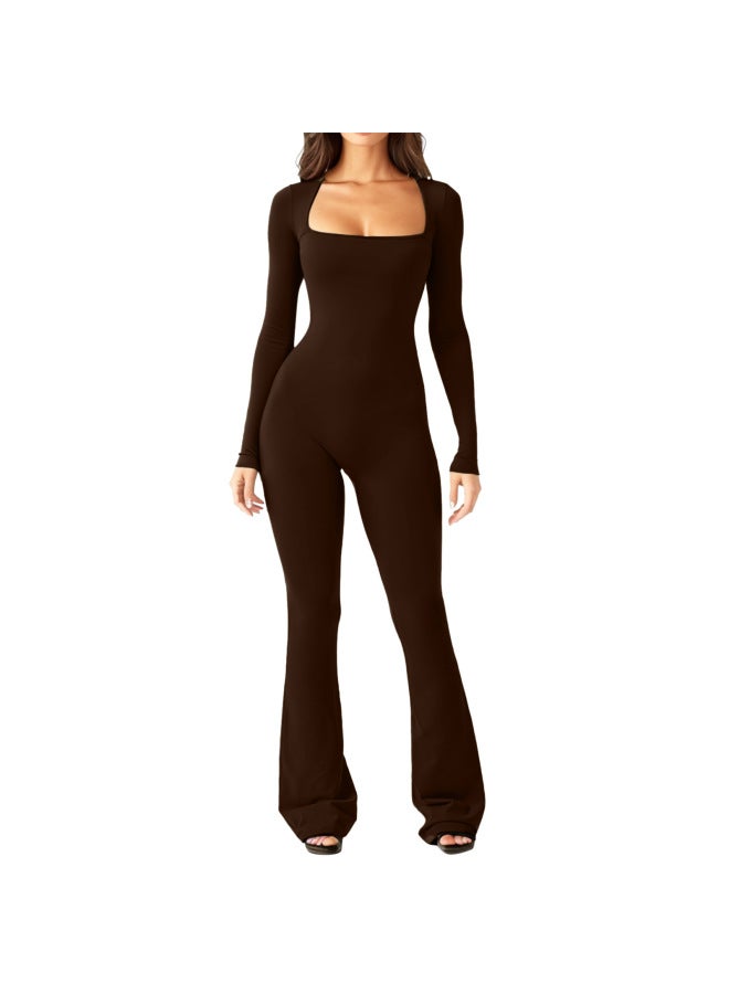 European And American Women's Long-sleeved Belly Contracting Waist Lifting Hip Square Collar Wide-leg High Elastic Jumpsuit