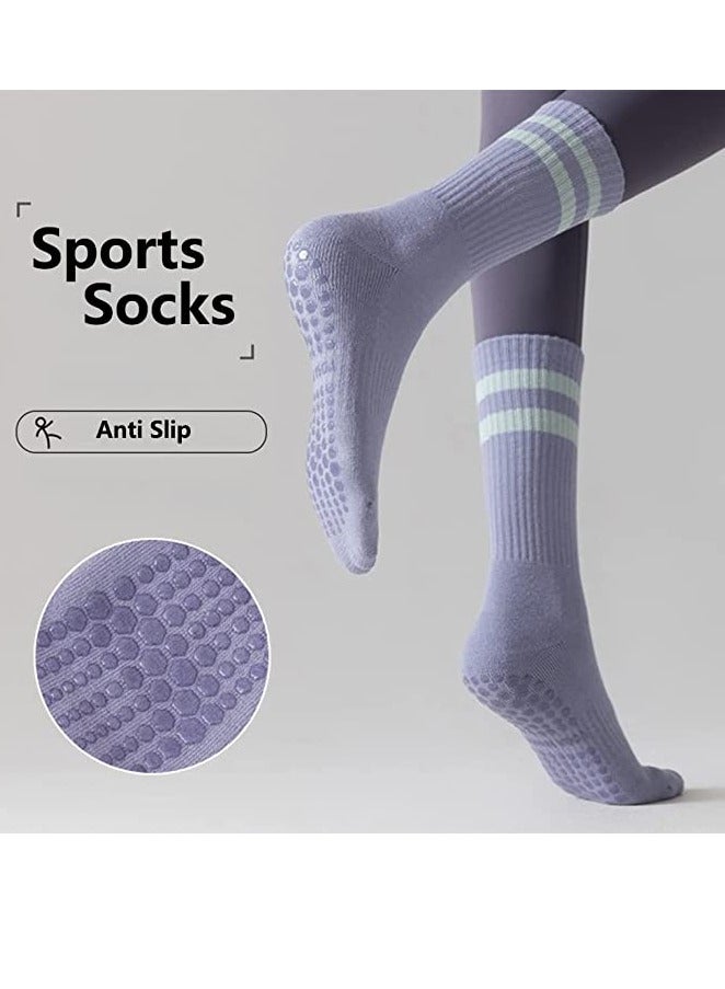 Excefore Non Slip Socks Women Fashion All Season Socks Sports Casual Simple Striped Colors for Pilates Yoga Barre Ballet Dance Fitness Football Hospital  Mid-Tube Socks Free Size 3-Pair - Image 2