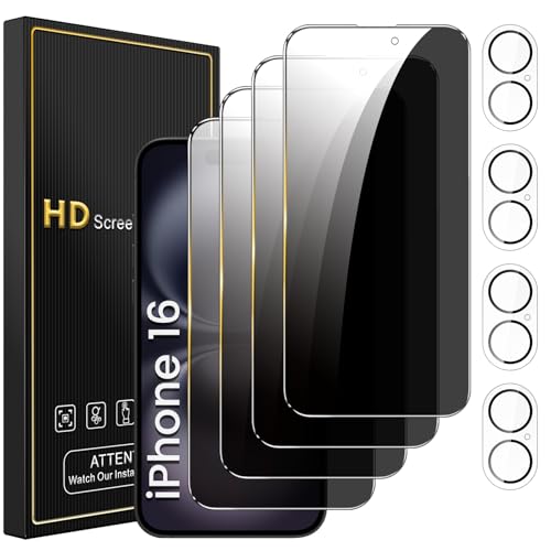 Romkasi 4 Pack Privacy Screen Protector for iPhone 16 61 Inch with 4 Pack Camera Lens Protector Anti Spy Tempered Glass Film AntiScratch Touch Sensitive Case Friendly - Image 1