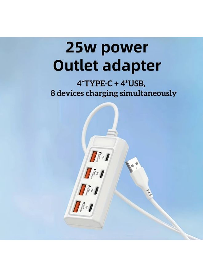 شاحن جدار USB أبيض بقوة 25 واط مع 8 منافذ، 4 منافذ من نوع USB-A و4 منافذ من نوع Type-C PD لشحن سريع. - Image 1