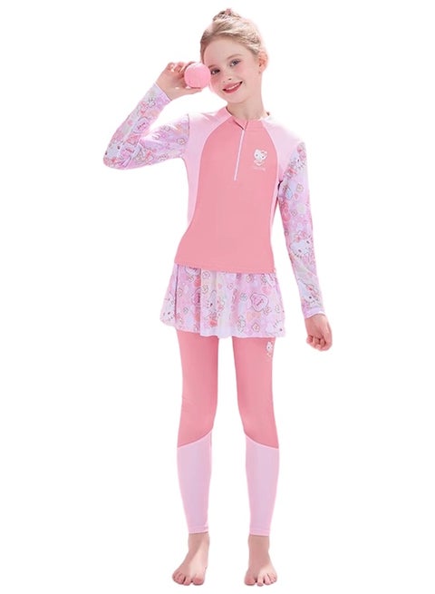 Girls 2PCS Swimsuit with Zipper, Breathable Sun Protection Bathing Suit, Cartoon Beach Rash Guard Swimwear