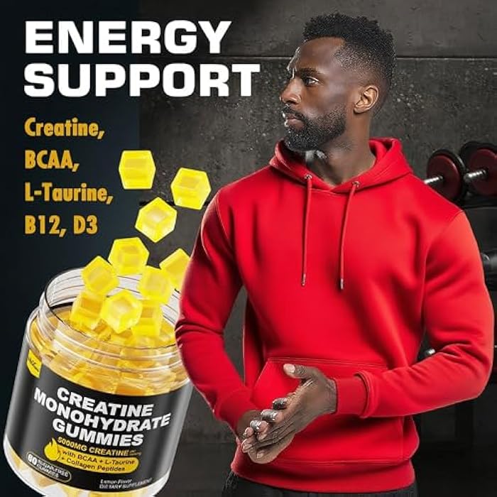 EnvyCure Creatine Monohydrate Gummies for Men & Women - with BCAA, Collagen Peptides, L-Taurine, Vitamin B12, D3, Creatine Monohydrate 5000mg (5g) Per Serving, Lemon Flavor, Sugar Free, 1 Pack - Image 4