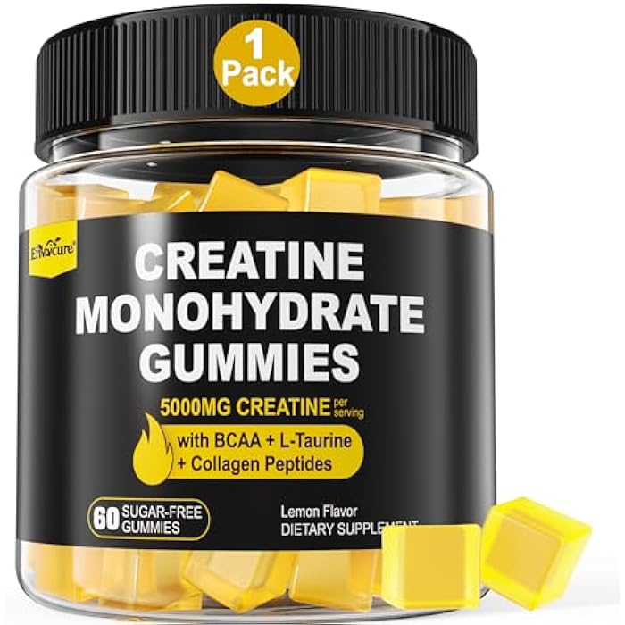 EnvyCure Creatine Monohydrate Gummies for Men & Women - with BCAA, Collagen Peptides, L-Taurine, Vitamin B12, D3, Creatine Monohydrate 5000mg (5g) Per Serving, Lemon Flavor, Sugar Free, 1 Pack - Image 1