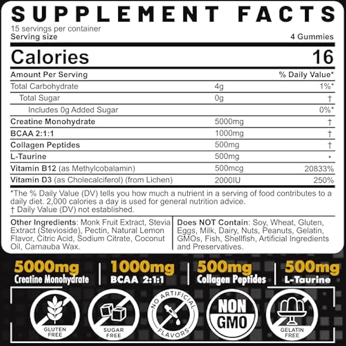 EnvyCure Creatine Monohydrate Gummies for Men & Women - with BCAA, Collagen Peptides, L-Taurine, Vitamin B12, D3, Creatine Monohydrate 5000mg (5g) Per Serving, Lemon Flavor, Sugar Free, 1 Pack - Image 2